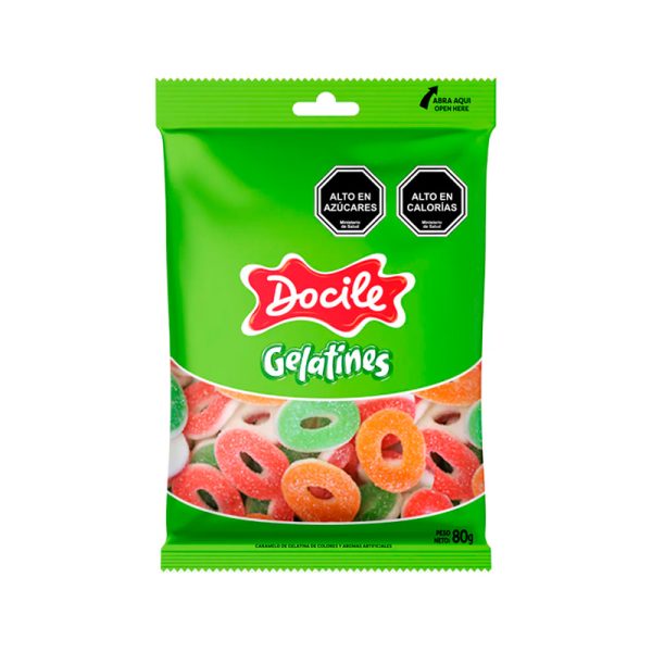 Gomitas ácidas 80g con forma de aro, sabor cítrico y textura masticable