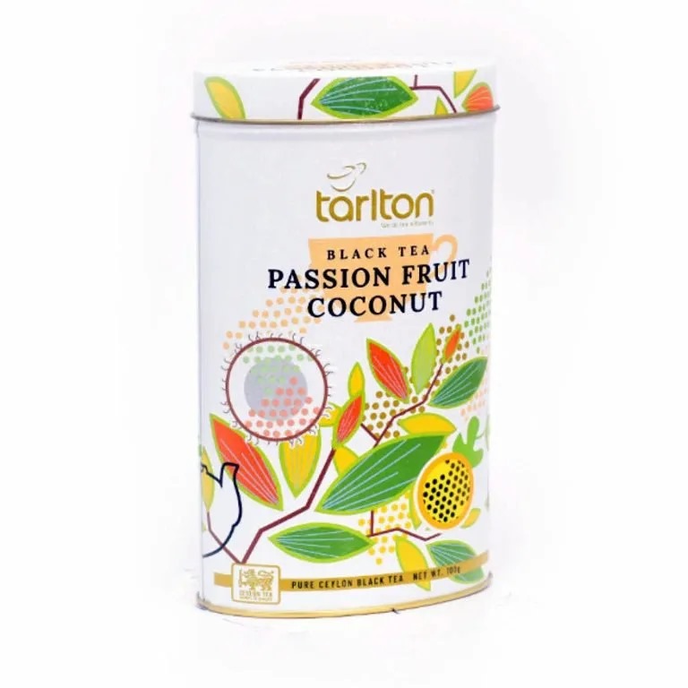 té negro maracuyá coco 100g Tarlton en lata decorativa tropical