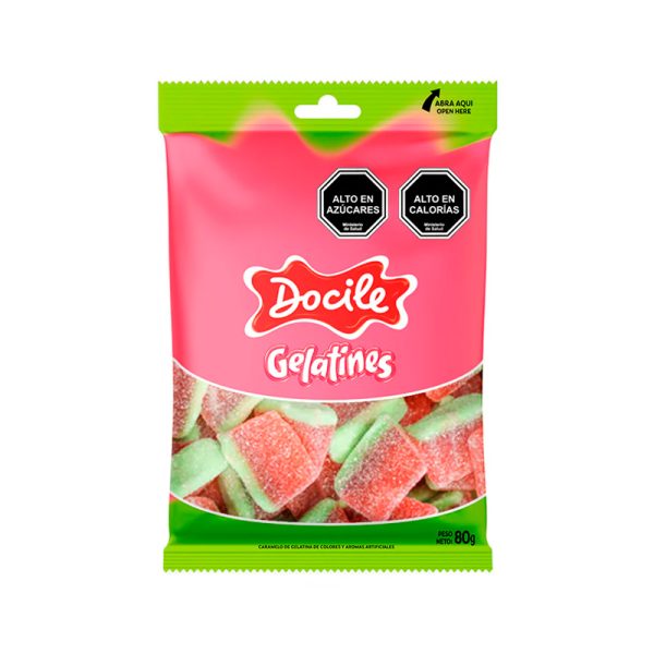 Gomitas dulces sandía 80g con forma de tajada, color rojo y verde, sabor frutal y textura masticable