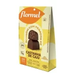 Bombom Flormel, chocolate de leche con trozos de castañas de caju. Sin azúcar, sin gluten ni conservantes.